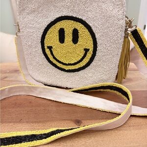Smiley Face Beaded Crossbody Bag - White and Yellow